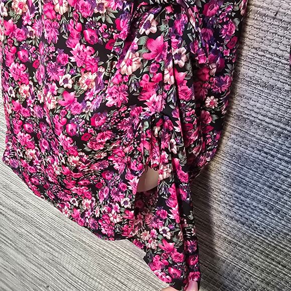 Pretty Little Thing Dress Womens Black Pink Floral Bow Slit Bodycon Cottagecore - Picture 3 of 13